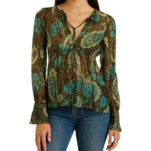 Vintage Y2K Nanette Lepore Silk Metallic Gold Paisley Floral Boho Babydoll Top 6